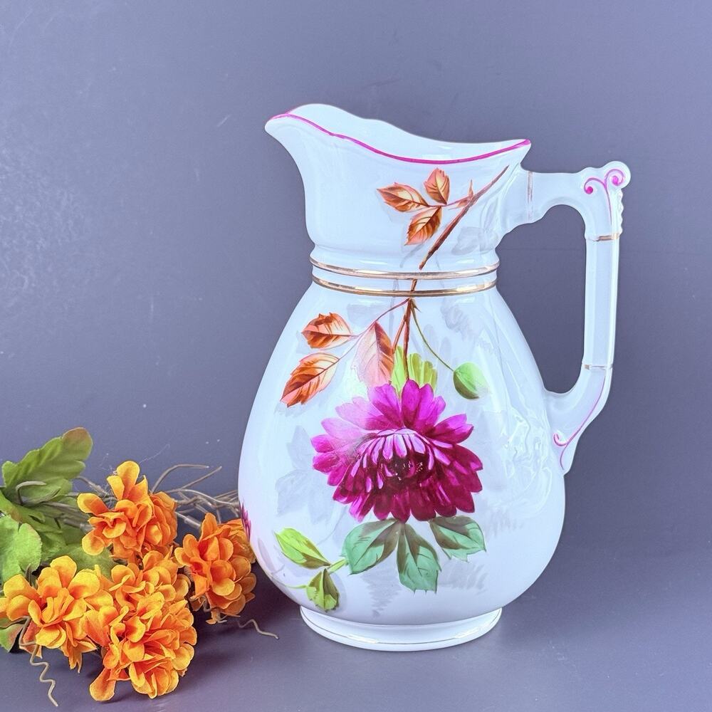 Antique BDB Pitcher Carafe Vase Porcelain Milk Juice Floral Hand-painted